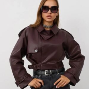 Women's Burgundy Cropped Sheep Leather Jacket – Belted Trench Style Moto Jacket