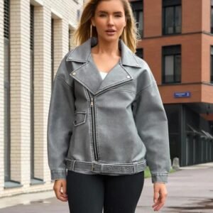 Women's Premium Grey Sheep Leather Biker Jacket – Vintage Moto Style, Soft & Durable Finish