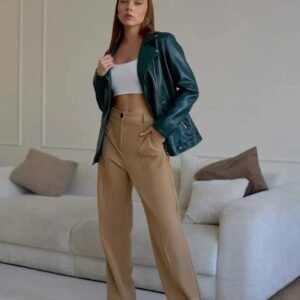 Women’s Emerald Green Sheep Leather Moto Jacket – Premium Slim Fit Biker Style