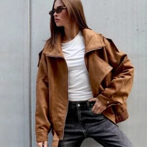 Women’s Oversized Camel Sheep Leather Biker Jacket – Premium Moto Style Streetwear
