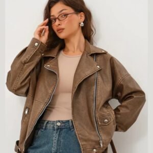 Women’s Distressed Brown Oversized Sheep Leather Biker Jacket – Premium Moto Style Outerwear