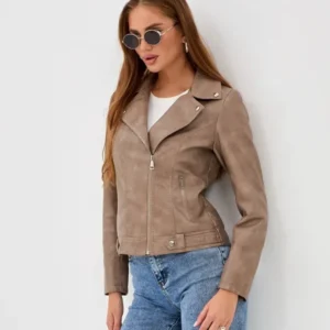 Women’s Taupe Genuine Sheep Leather Moto Jacket – Slim Fit Biker Style