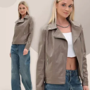 Women’s Classic Taupe Sheep Leather Biker Jacket