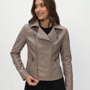 Women’s Taupe Genuine Sheep Leather Moto Jacket – Elegant Slim Fit Biker Style