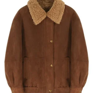 Women’s Brown Suede Leather Jacket – Shearling Collar Winter Bomber | Soft Suede Outerwear | Warm Casual Fashion Coat