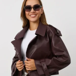 Women’s Cropped Maroon Sheep Leather Jacket – Trendy Belted Genuine Leather Outerwear
