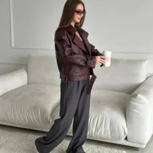 Women’s Maroon Sheep Leather Jacket – Elegant Biker Style Genuine Leather Outerwear