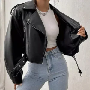 Women’s Cropped Black Sheep Leather Jacket – Classic Biker Style Genuine Leather Outerwear