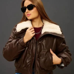 Women’s Brown Shearling Collar Leather Jacket – Genuine Sheep Leather Winter Bomber