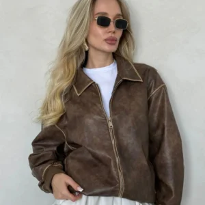Women’s Oversized Brown Leather Jacket – 100% Genuine Sheep Leather Streetwear Style