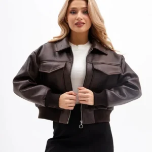Women’s Brown Cropped Leather Jacket – 100% Genuine Sheep Leather | Trendy Streetwear Style
