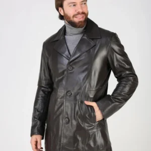 Men’s Brown Sheep Leather Coat – Classic Button-Up Mid-Length Leather Jacket