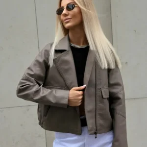 Women's Taupe Cropped Sheep Leather Jacket – Premium Soft Leather Moto Style