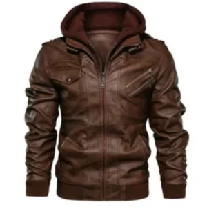 Men’s Brown Faux Leather Jacket with Hoodie | Casual Streetwear Style