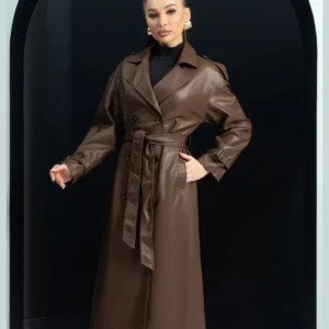 Women’s Brown Genuine Sheep Leather Trench Coat – Classic Belted Long Leather Overcoat