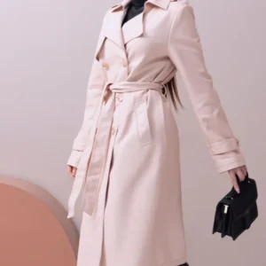 Women’s Beige Genuine Sheep Leather Trench Coat – Elegant Long Belted Leather Overcoat