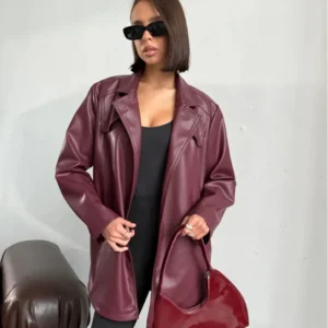 Women’s Burgundy Sheep Leather Jacket – Oversized Luxury Streetwear Coat
