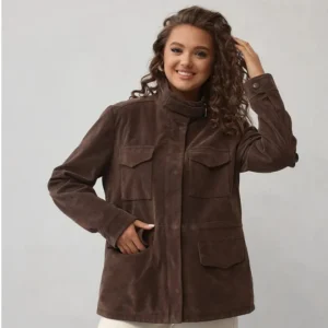 Women’s Brown Suede Sheep Leather Jacket – High-Neck Utility Style Coat