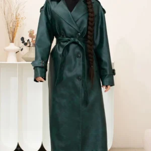 Women’s Dark Green Genuine Sheep Leather Trench Coat – Long Belted Classic Overcoat | Premium Real Leather Outerwear