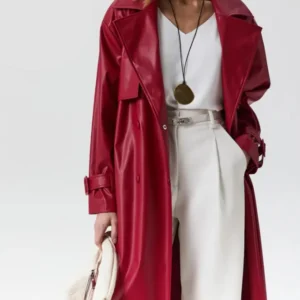 Women’s Red Genuine Sheep Leather Trench Coat – Long Belted Classic Overcoat | Premium Real Leather Outerwear