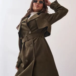 Women’s Dark Olive Green Trench Coat – Belted Waist, Double-Breasted & Epaulet Detail