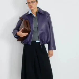 Women’s Purple Sheep Leather Jacket – Minimalist Cropped Bomber Style