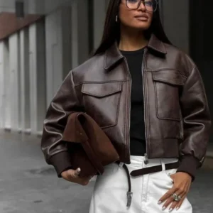 Women’s Classic Brown Sheep Leather Bomber Jacket – Premium Vintage Streetwear Style