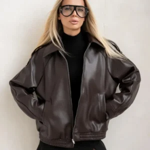 Women's Dark Brown Oversized Sheep Leather Jacket – Luxury Zip-Up Bomber Style