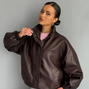 Premium Women’s Oversized Brown Sheep Leather Jacket – Vintage Bomber Style