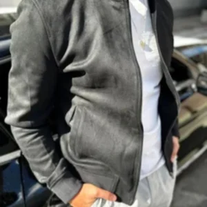 Men’s Grey Suede Bomber Jacket Lightweight Casual Streetwear Zip-Up