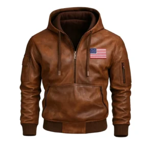 Premium Sheep Leather Hoodie Jacket for Men USA Flag Patch Soft Genuine Leather Winter Streetwear