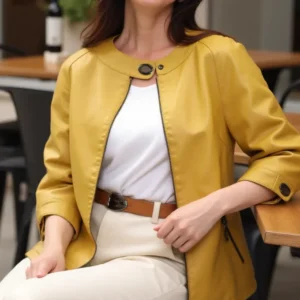Women’s Mustard Yellow Genuine Sheep Leather Jacket – Elegant 3/4 Sleeve Designer Outerwear