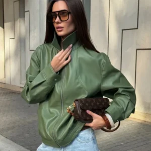 Women’s Green Sheep Leather Bomber Jacket – Luxury Soft Leather Streetwear