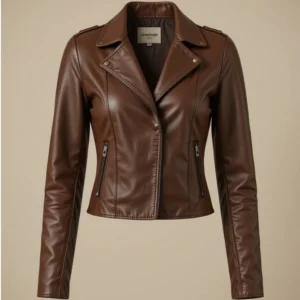 Women’s Brown Leather Jacket with Less Front and Labubu