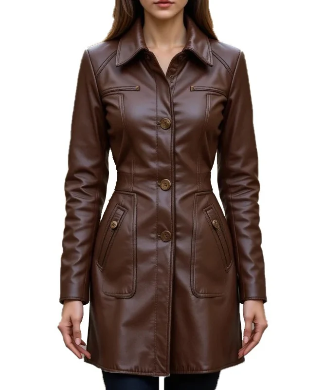 Women's Brown Sheep Leather Long Coat - Image 3