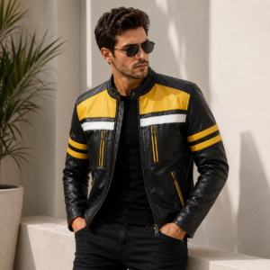 Handmade Men's Black & Yellow Lambskin Leather Motorcycle Racing Jacket