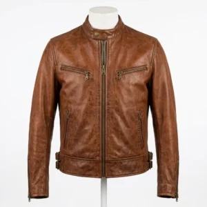 Mens Lambskin Vintage Biker Jacket Cognac Brown Distressed Leather Motorcycle