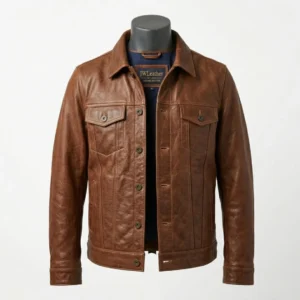 Handmade Men's Medium Brown Genuine Leather Trucker Jacket – Vintage Casual Style