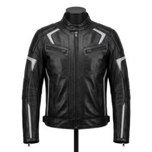 Men's Lambskin Leather Racer Biker Jacket with Black White Racing Stripes
