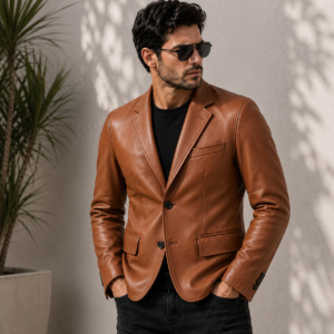 Handmade Cognac Brown Men's Leather Blazer | Premium Sheep Leather Sport Coat | Tailored Fit | Luxury Business Jacket | JW Leather