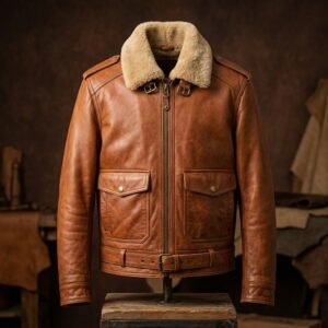 Handmade Men's Cognac Aviator Leather Jacket | Premium Sheep Leather