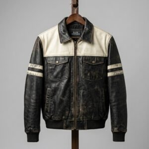 Handmade Premium Antique Black Men's Elite Color-Block Leather Jacket | Bold White  Stripes | Premium Hand-Distressed Retro Sports | Authentic Heavy Aged Patina |  Elite Investment Piece | Antique Luxury Premium