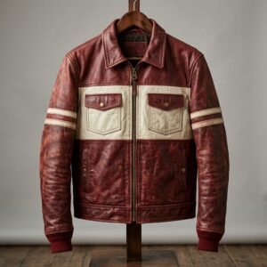 Handmade Premium Antique Red Men's Color-Block Leather Jacket | Vintage White  Stripes | Hand-Distressed Retro Sports | Authentic Aged Patina | Investment Piece |  Antique Luxury