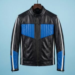 Handmade Premium Jet Black Men's Racing Leather Jacket | Electric Blue Quilted |  Professional Racing Emblem | White Racing Stripes | Modern Sport Design | Premium  Leather