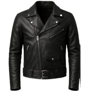 Mens Black Biker Jacket Genuine Sheep Leather Motorcycle Jacket with Belt & Zipper Details