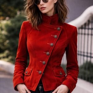 Women Red Suede Leather Jacket Vintage Button Front Coat Soft Real Statement Outerwear