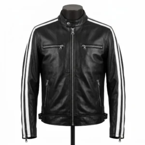 Mens Lambskin Urban Edge Racer Biker Jacket Black White Stripes Leather Motorcycle Jacket