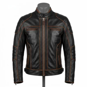 Mens Lambskin Biker Jacket Black Cognac Contrast Piping Motorcycle Leather Jacket