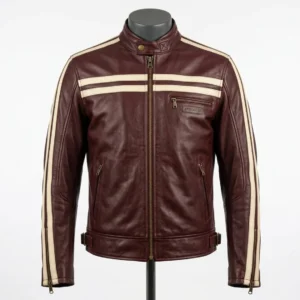 Men's Handmade Burgundy Lambskin Leather Retro Racer Biker Jacket with Cream Stripes