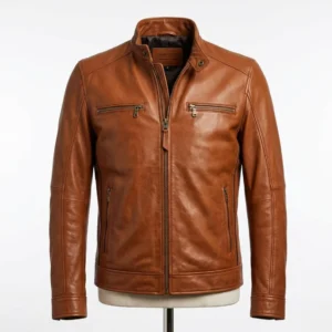 Men's Handmade Cognac Brown Lambskin Leather Jacket with Stripe Detail